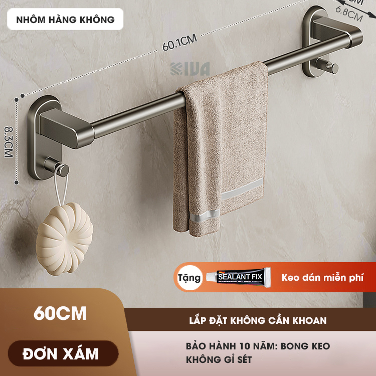 Thanh treo khăn, kệ để khăn KIVA, chất liệu nhôm hàng không cao cấp, lắp đặt dán tường.