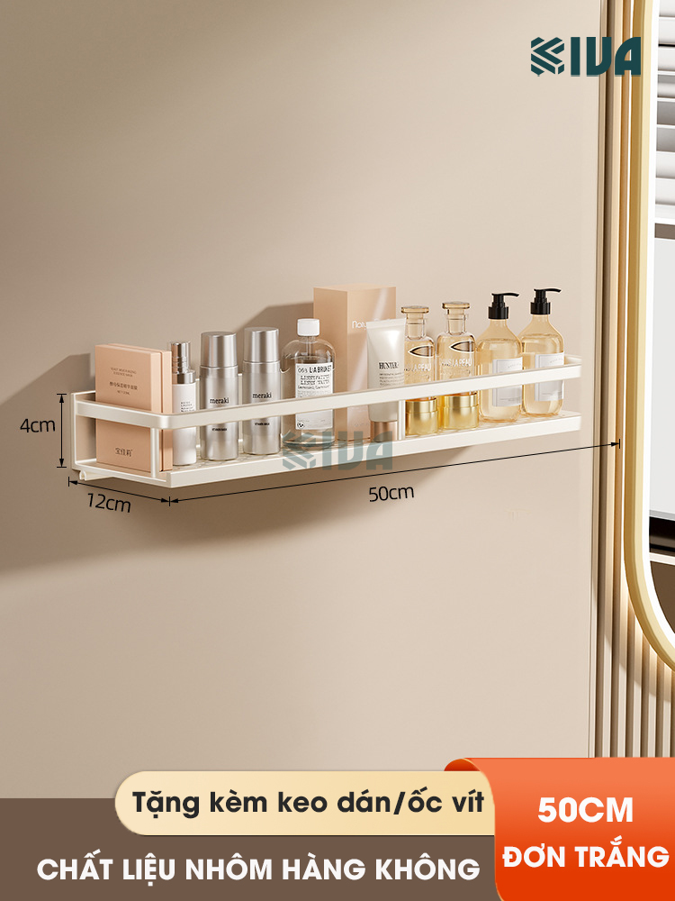 Giá kệ để đồ nhà tắm dán tường KIVA BORO màu trắng kem, lắp đặt dán tường, khoan tường, chất liệu nhôm hàng không.