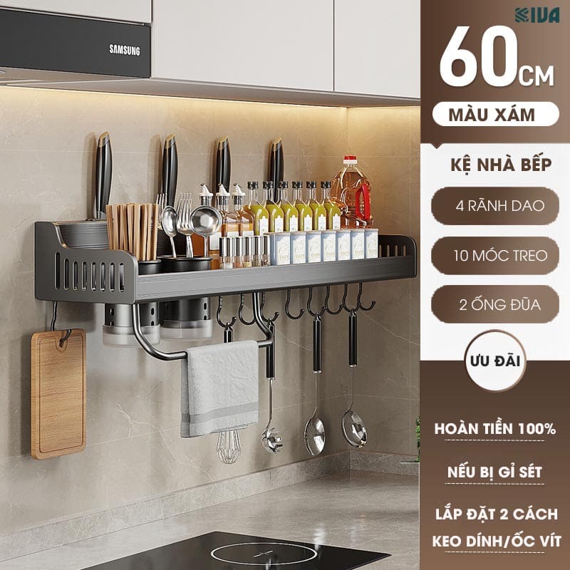 Kệ Nhà Bếp Đa Năng Treo Tường KIVA, Để Đồ Tiện Lợi Chất Liệu Nhôm Hàng Không Cao Cấp, Lắp Đặt Không Cần Khoan.