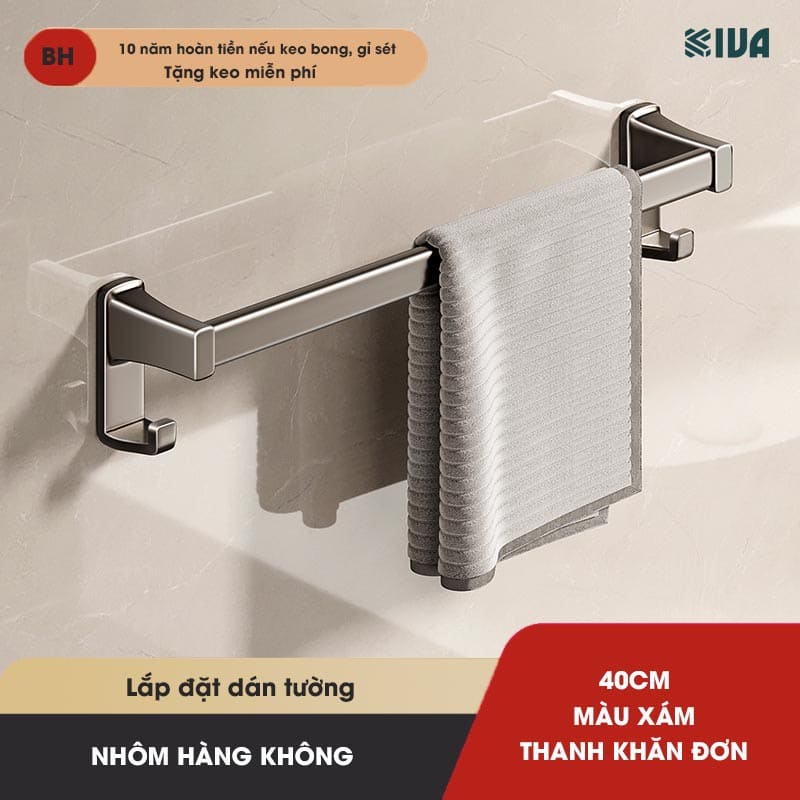 Thanh treo khăn, kệ để khăn KIVA, chất liệu nhôm hàng không cao cấp, lắp đặt dán tường.