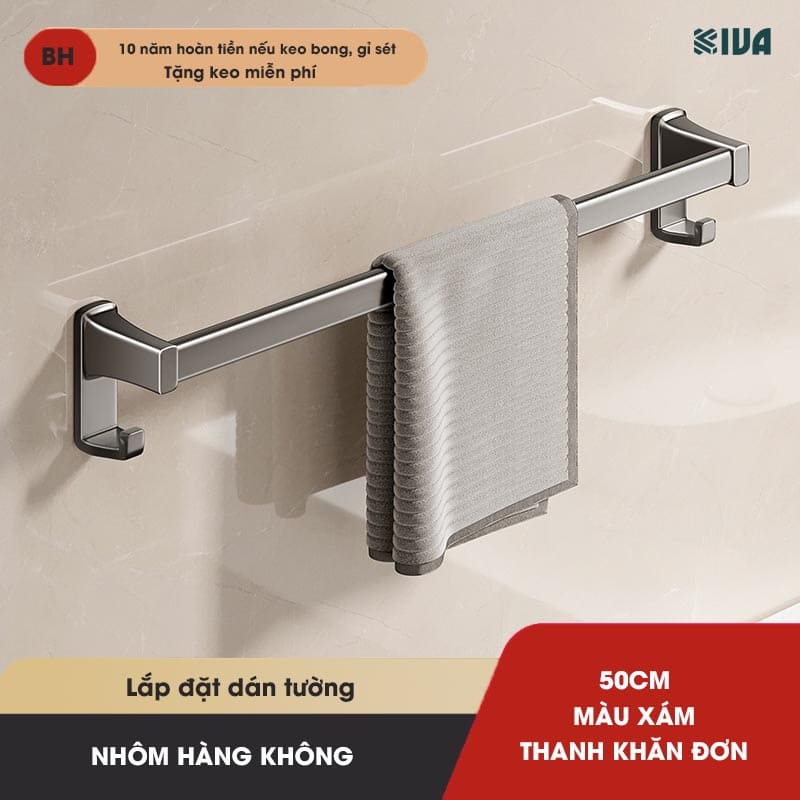 Thanh treo khăn, kệ để khăn KIVA, chất liệu nhôm hàng không cao cấp, lắp đặt dán tường.