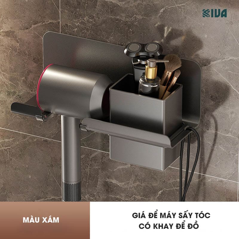 Giá đỡ, treo để máy sấy tóc KIVA có khay đồ, đa dang kiểu dáng, sử dụng nhiều máy sấy khác nhau, chất liệu nhôm hàng không.