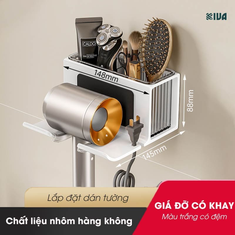 Giá đỡ, treo để máy sấy tóc KIVA có khay đồ, đa dang kiểu dáng, sử dụng nhiều máy sấy khác nhau, chất liệu nhôm hàng không.