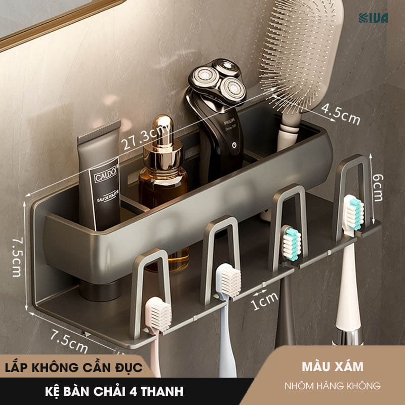Kệ Để Bàn Chải Đánh Răng Kiva Đựng Bàn Chải Đánh Răng Chất Liệu Nhôm Hàng Không, Cài Đặt Không Cần Khoan.