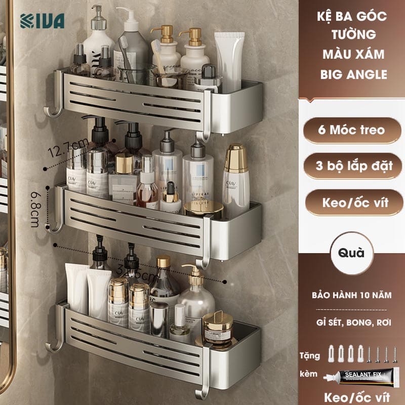 Giá kệ góc nhà tắm KIVA dán tường siêu dính, lắp đặt 2 cách, chất liệu nhông hàng không, dày dặn.