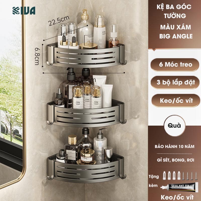 Giá kệ góc nhà tắm KIVA dán tường siêu dính, lắp đặt 2 cách, chất liệu nhông hàng không, dày dặn.