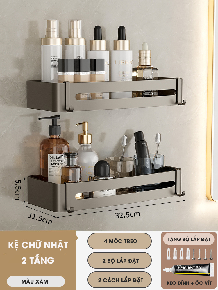 Kệ góc phòng tắm để đồ dán tường KIVA màu xám, chất liệu nhôm hàng không, lắp đặt dán tường và khoan tường.