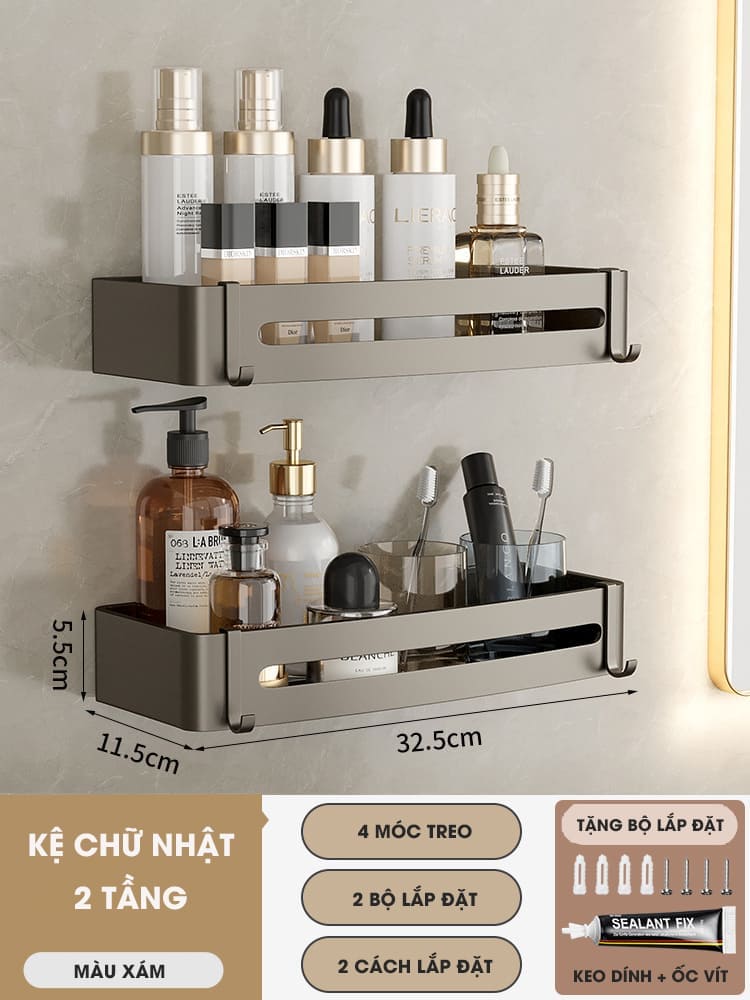 Kệ góc phòng tắm để đồ dán tường KIVA màu xám, chất liệu nhôm hàng không, lắp đặt dán tường và khoan tường.