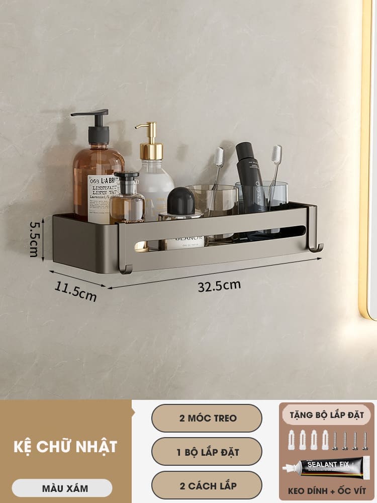 Kệ góc phòng tắm để đồ dán tường KIVA màu xám, chất liệu nhôm hàng không, lắp đặt dán tường và khoan tường.