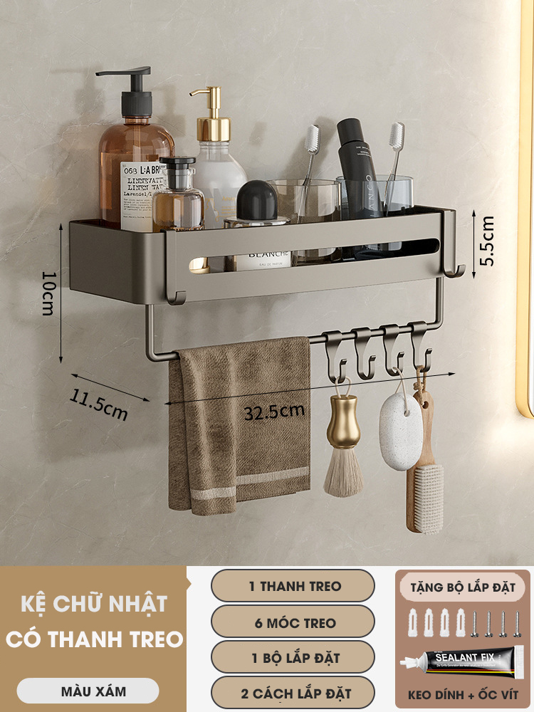 Kệ góc phòng tắm để đồ dán tường KIVA màu xám, chất liệu nhôm hàng không, lắp đặt dán tường và khoan tường.