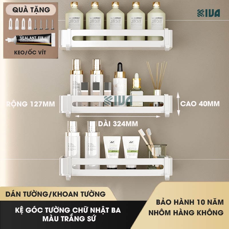 Kệ góc nhà tắm dán tường để đồ KIVA PISCES màu trắng Bắc Âu chất liệu nhôm hàng không cao cấp.