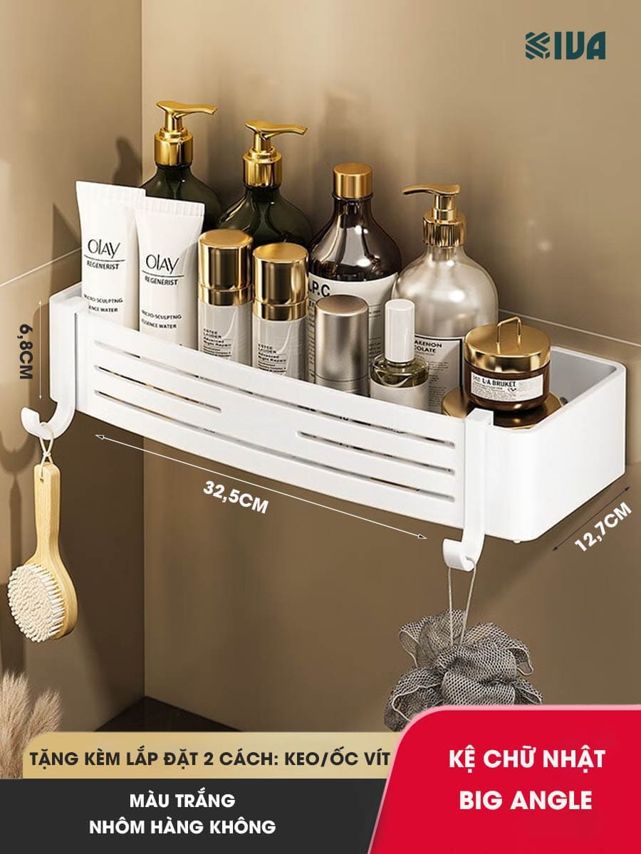 Kệ Đựng Đồ Nhà Tắm KIVA BIG ANGLE Màu Trắng Dán Góc Tường, Để Mỹ Phẩm, Dầu Gội Đầu, Lắp Đặt Bằng 2 Cách.