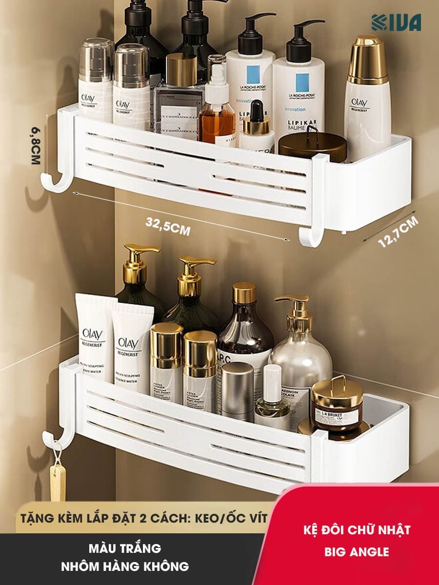 Kệ Đựng Đồ Nhà Tắm KIVA BIG ANGLE Màu Trắng Dán Góc Tường, Để Mỹ Phẩm, Dầu Gội Đầu, Lắp Đặt Bằng 2 Cách.