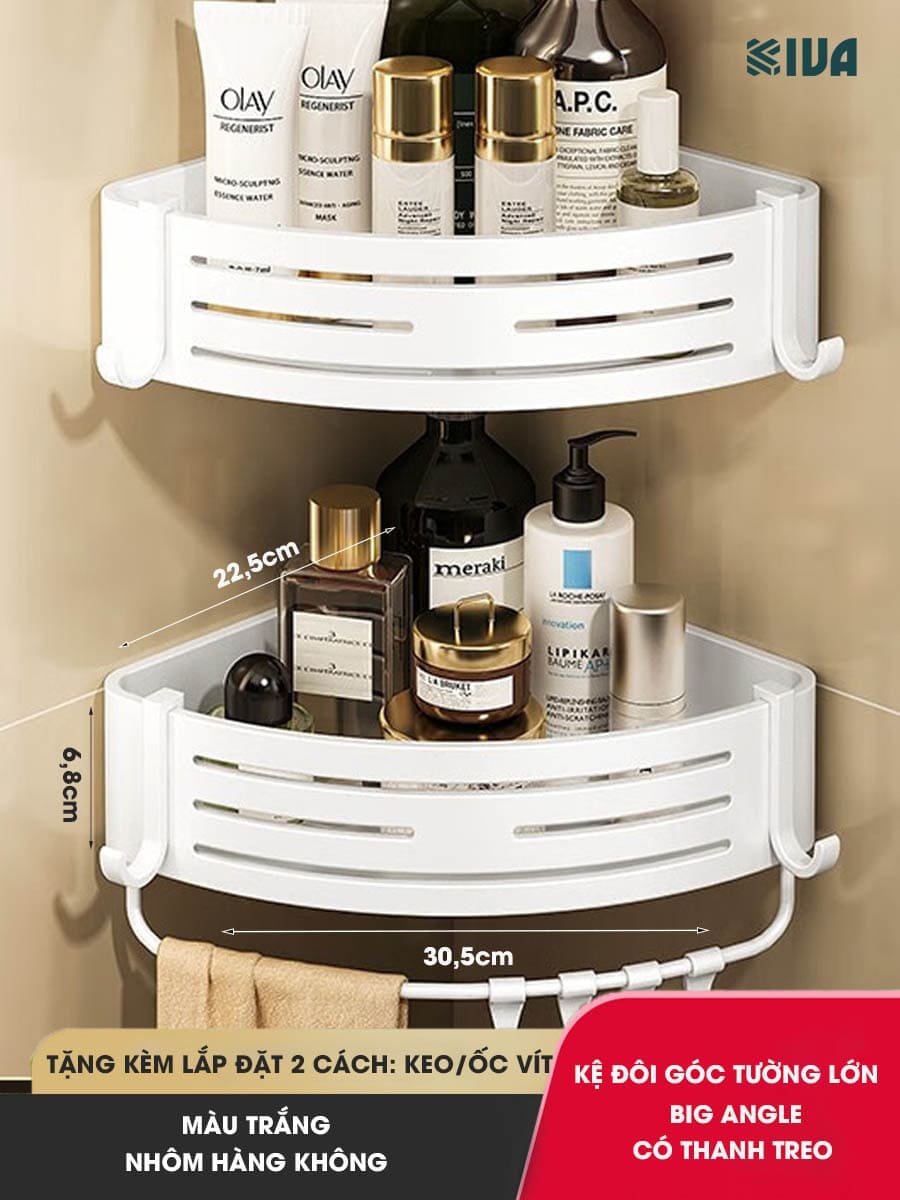 Kệ Đựng Đồ Nhà Tắm KIVA BIG ANGLE Màu Trắng Dán Góc Tường, Để Mỹ Phẩm, Dầu Gội Đầu, Lắp Đặt Bằng 2 Cách.