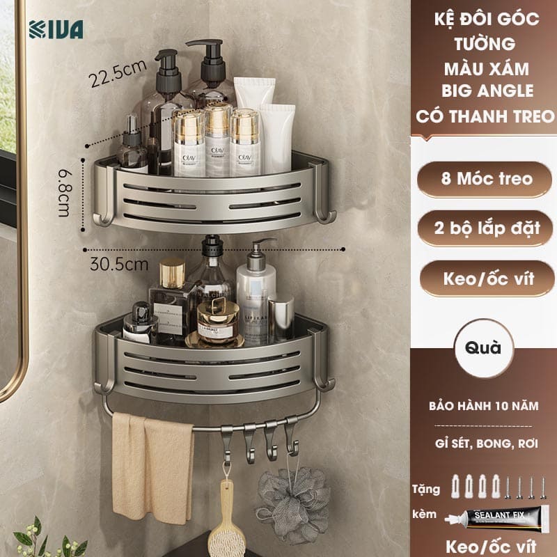 Giá kệ góc nhà tắm KIVA dán tường siêu dính, lắp đặt 2 cách, chất liệu nhông hàng không, dày dặn.