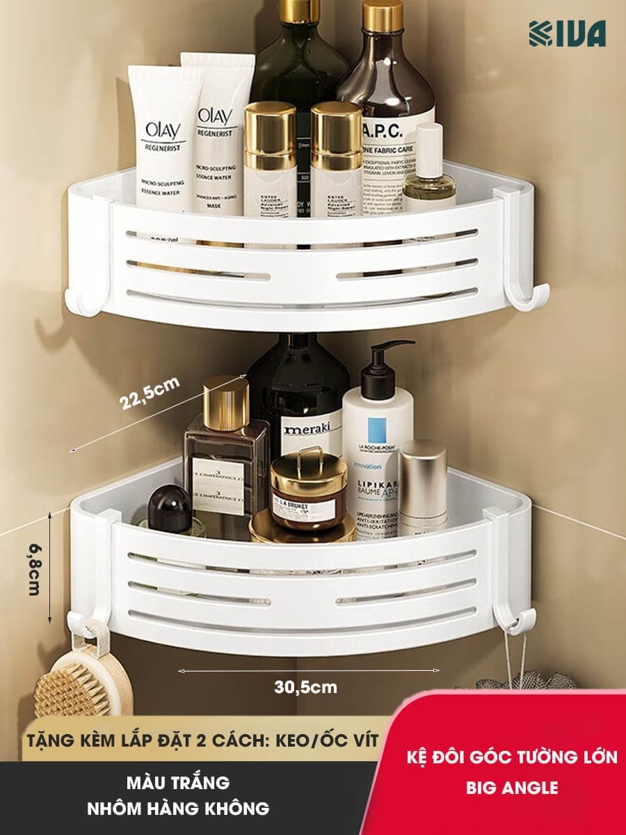 Kệ Đựng Đồ Nhà Tắm KIVA BIG ANGLE Màu Trắng Dán Góc Tường, Để Mỹ Phẩm, Dầu Gội Đầu, Lắp Đặt Bằng 2 Cách.