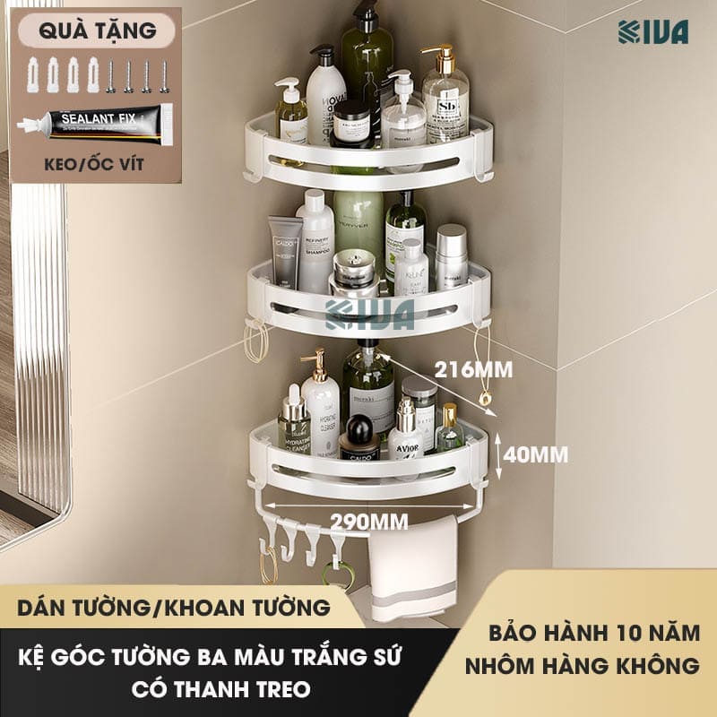 Kệ góc nhà tắm dán tường để đồ KIVA PISCES màu trắng Bắc Âu chất liệu nhôm hàng không cao cấp.