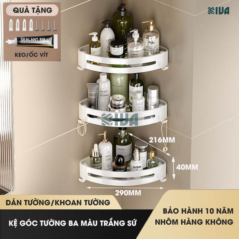 Kệ góc nhà tắm dán tường để đồ KIVA PISCES màu trắng Bắc Âu chất liệu nhôm hàng không cao cấp.