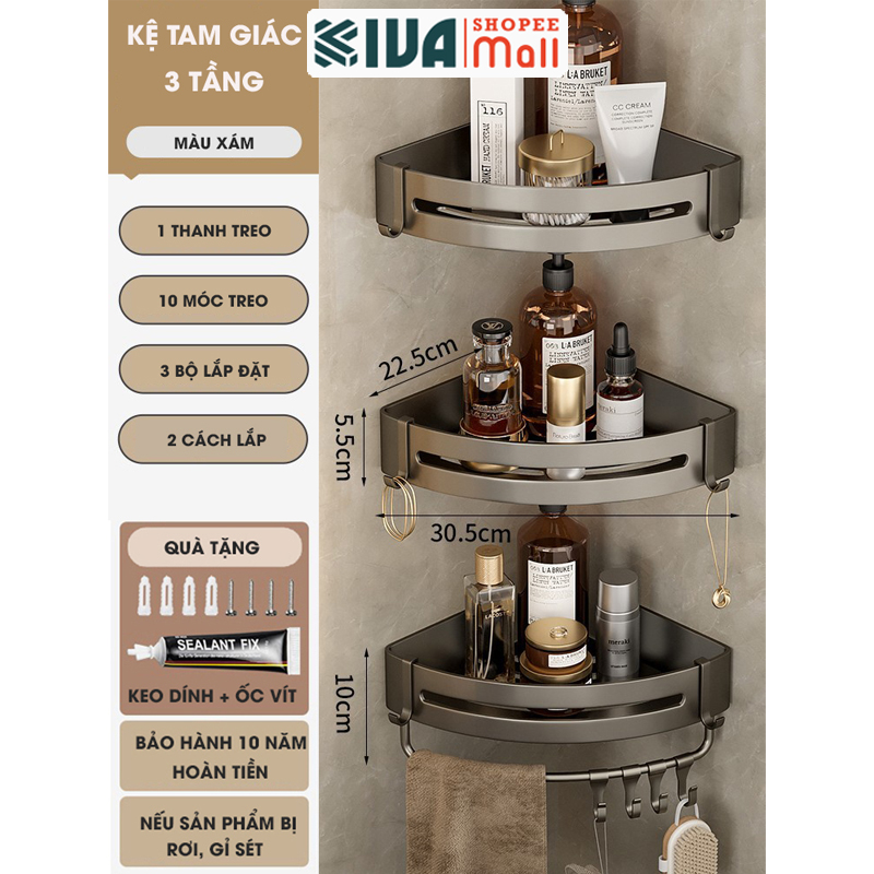 Kệ góc phòng tắm để đồ dán tường KIVA màu xám, chất liệu nhôm hàng không, lắp đặt dán tường và khoan tường.