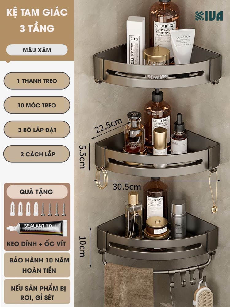 Kệ góc phòng tắm để đồ dán tường KIVA màu xám, chất liệu nhôm hàng không, lắp đặt dán tường và khoan tường.