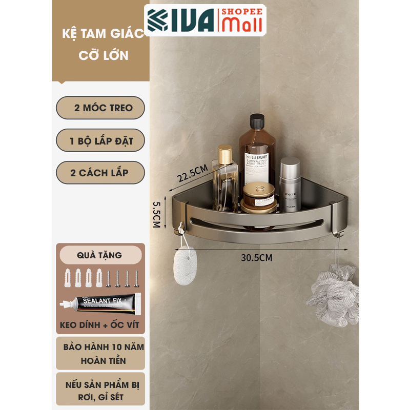Kệ góc phòng tắm để đồ dán tường KIVA màu xám, chất liệu nhôm hàng không, lắp đặt dán tường và khoan tường.