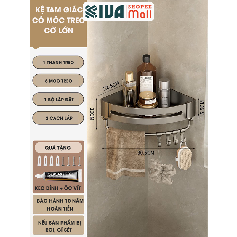 Kệ góc phòng tắm để đồ dán tường KIVA màu xám, chất liệu nhôm hàng không, lắp đặt dán tường và khoan tường.