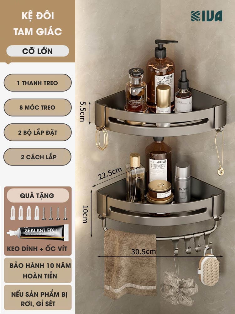 Kệ góc phòng tắm để đồ dán tường KIVA màu xám, chất liệu nhôm hàng không, lắp đặt dán tường và khoan tường.