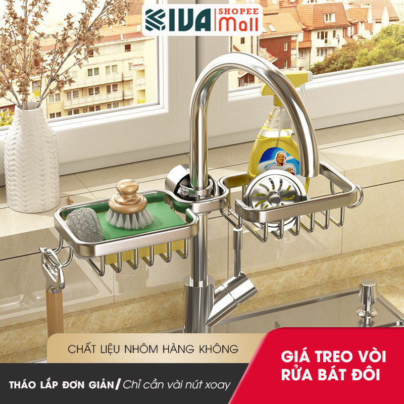 Giá kệ để đồ rửa bát KIVA chất liệu thép Carbon, trang bị thêm thanh treo khăn, để đồ đa năng.