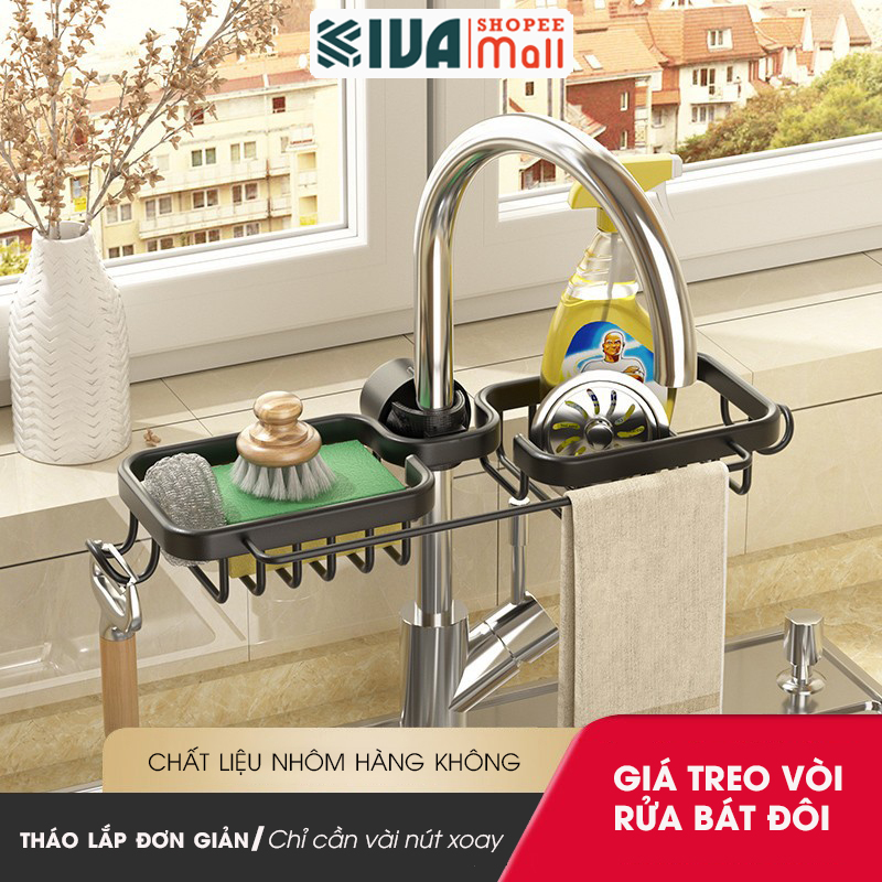 Giá kệ để đồ rửa bát KIVA chất liệu thép Carbon, trang bị thêm thanh treo khăn, để đồ đa năng.