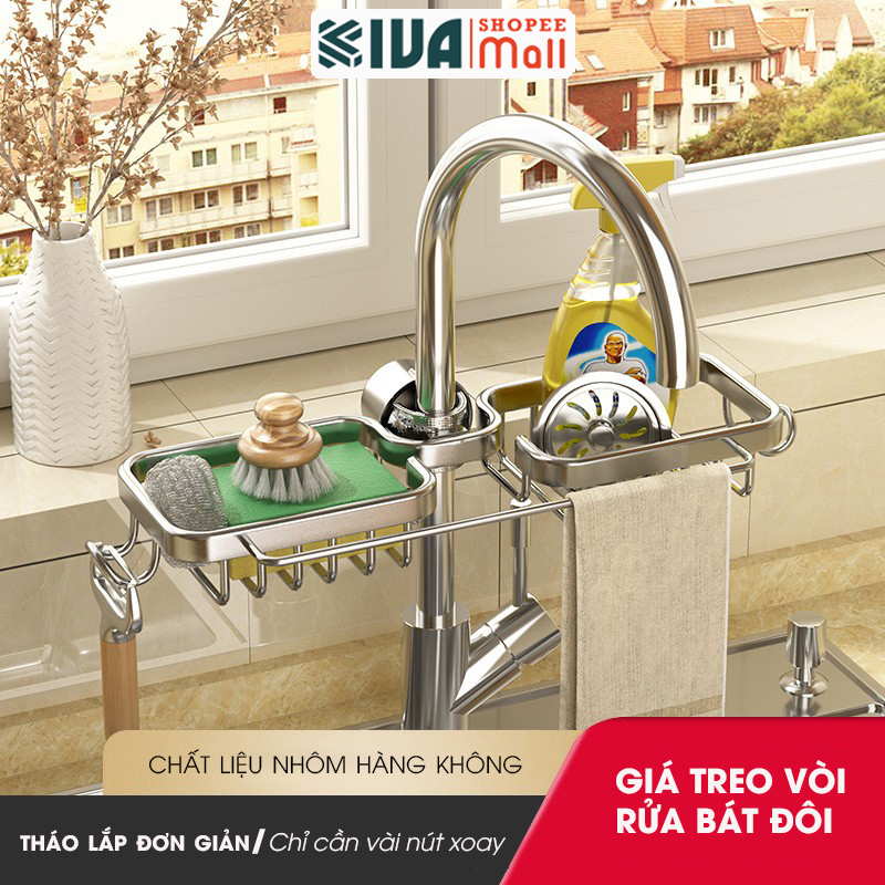 Giá kệ để đồ rửa bát KIVA chất liệu thép Carbon, trang bị thêm thanh treo khăn, để đồ đa năng.