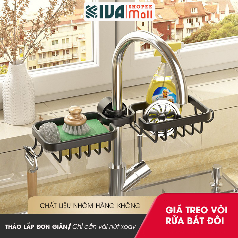 Giá kệ để đồ rửa bát KIVA chất liệu thép Carbon, trang bị thêm thanh treo khăn, để đồ đa năng.