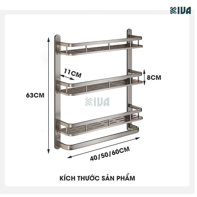 Kệ phòng tắm KIVA để đồ nhiều tầng treo tường, kích thước lớn để đồ nhà tắm, lắp đặt dán tường, khoan tường.