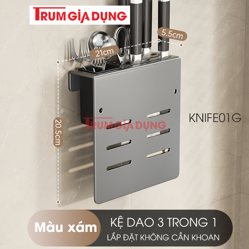 Kệ để dao thớt KIVA đa năng treo tường, đựng đũa, muỗng thìa, chất liệu thép Carbon