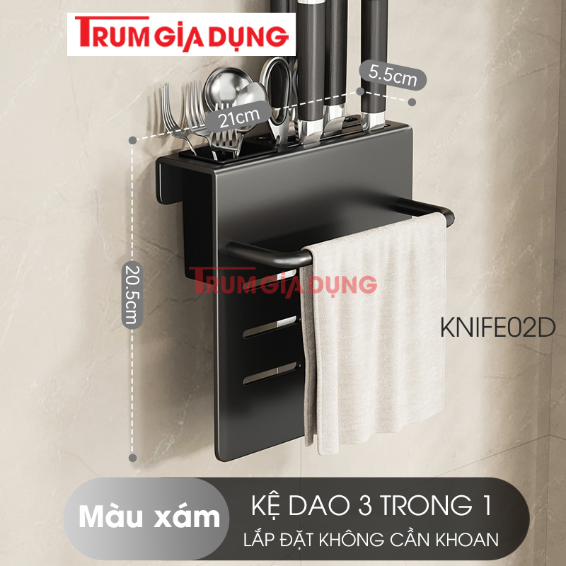 Kệ để dao thớt KIVA đa năng treo tường, đựng đũa, muỗng thìa, chất liệu thép Carbon