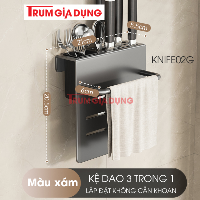 Kệ để dao thớt KIVA đa năng treo tường, đựng đũa, muỗng thìa, chất liệu thép Carbon
