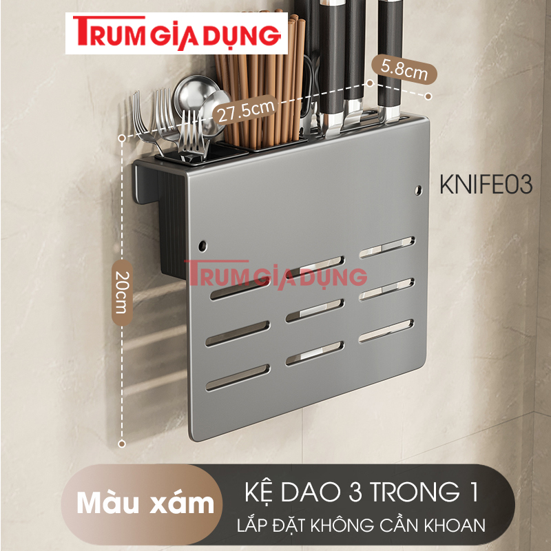 Kệ để dao thớt KIVA đa năng treo tường, đựng đũa, muỗng thìa, chất liệu thép Carbon