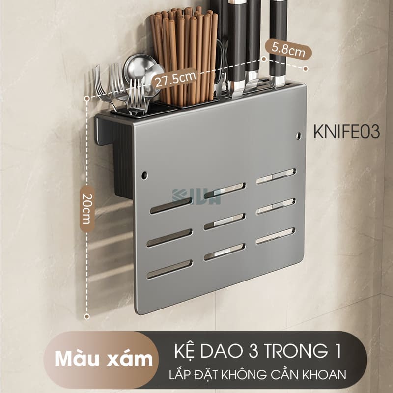 Kệ để dao thớt KIVA đa năng treo tường, đựng đũa, muỗng thìa, chất liệu thép Carbon