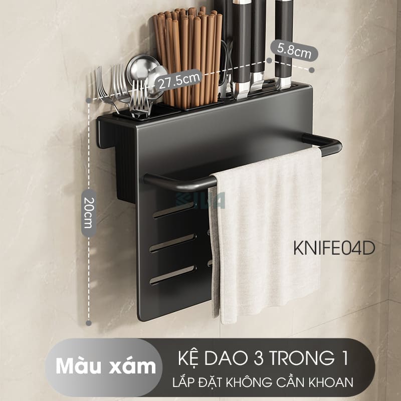 Kệ để dao thớt KIVA đa năng treo tường, đựng đũa, muỗng thìa, chất liệu thép Carbon