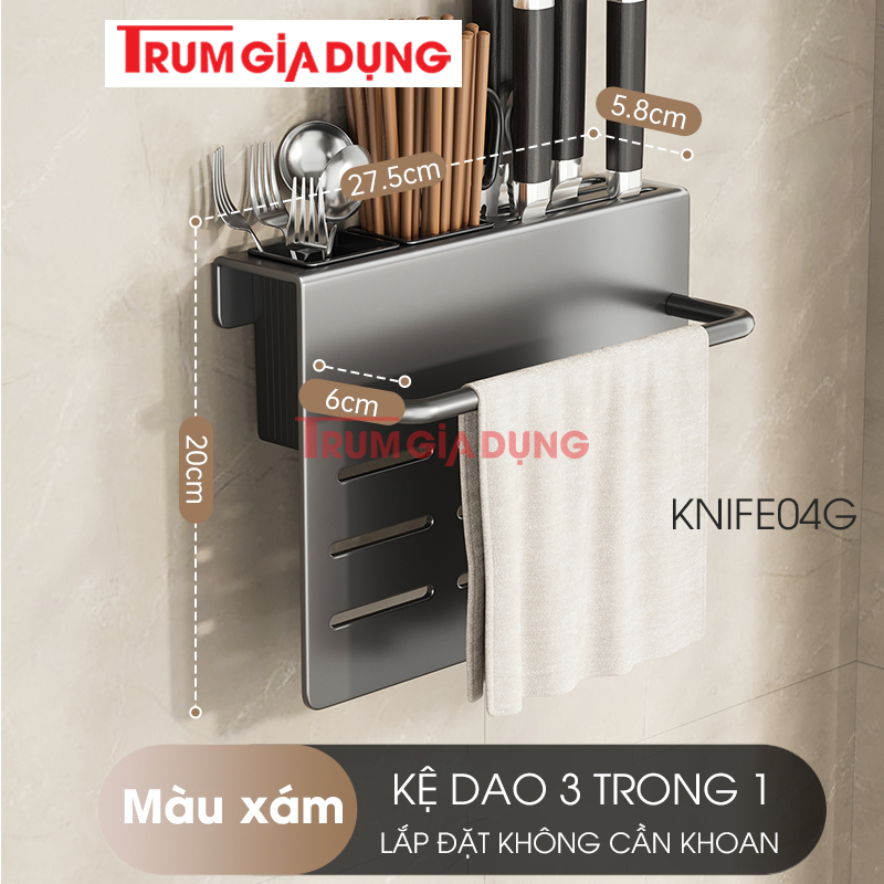 Kệ để dao thớt KIVA đa năng treo tường, đựng đũa, muỗng thìa, chất liệu thép Carbon