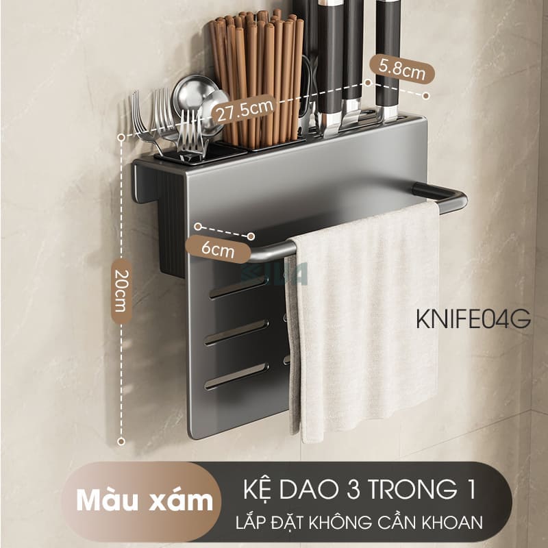 Kệ để dao thớt KIVA đa năng treo tường, đựng đũa, muỗng thìa, chất liệu thép Carbon