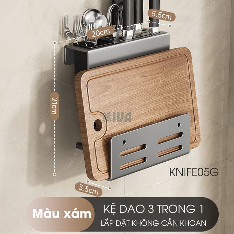 Kệ để dao thớt KIVA đa năng treo tường, đựng đũa, muỗng thìa, chất liệu thép Carbon