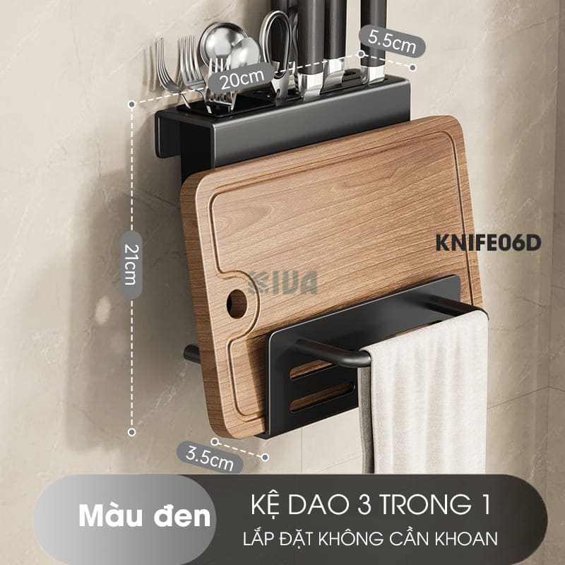 Kệ để dao thớt KIVA đa năng treo tường, đựng đũa, muỗng thìa, chất liệu thép Carbon
