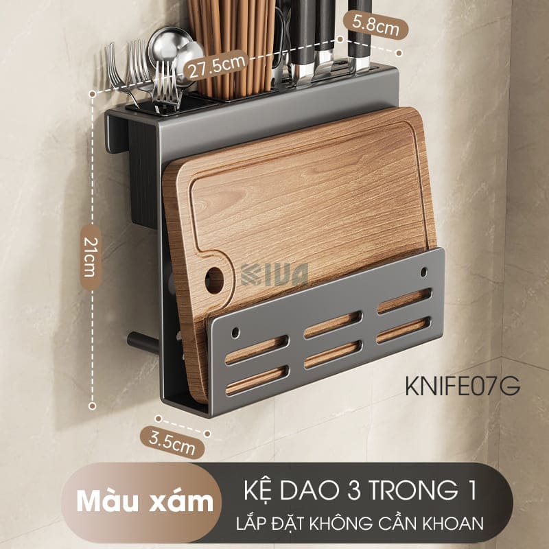 Kệ để dao thớt KIVA đa năng treo tường, đựng đũa, muỗng thìa, chất liệu thép Carbon