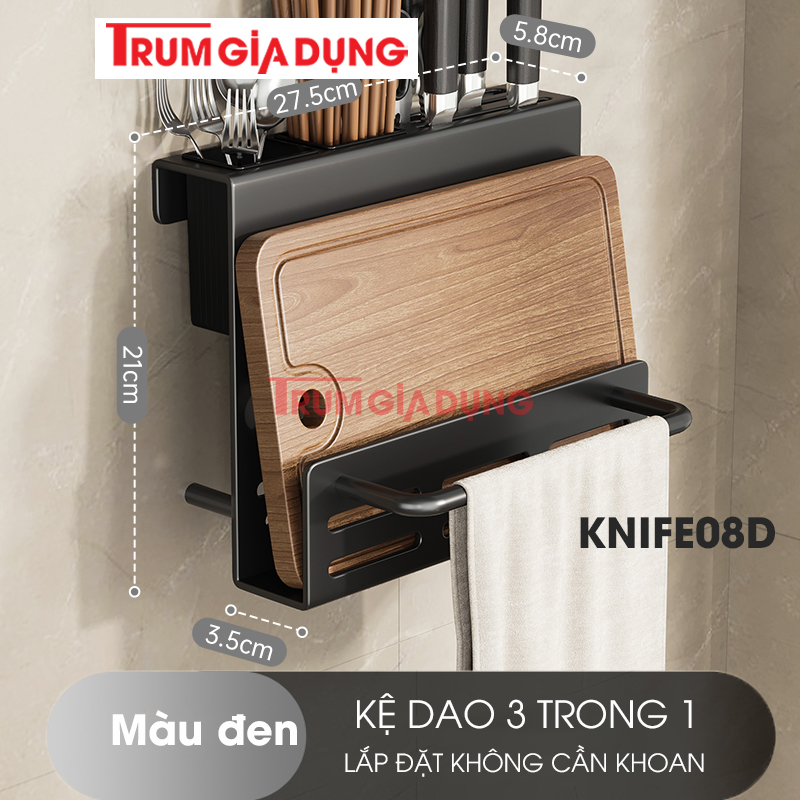 Kệ để dao thớt KIVA đa năng treo tường, đựng đũa, muỗng thìa, chất liệu thép Carbon
