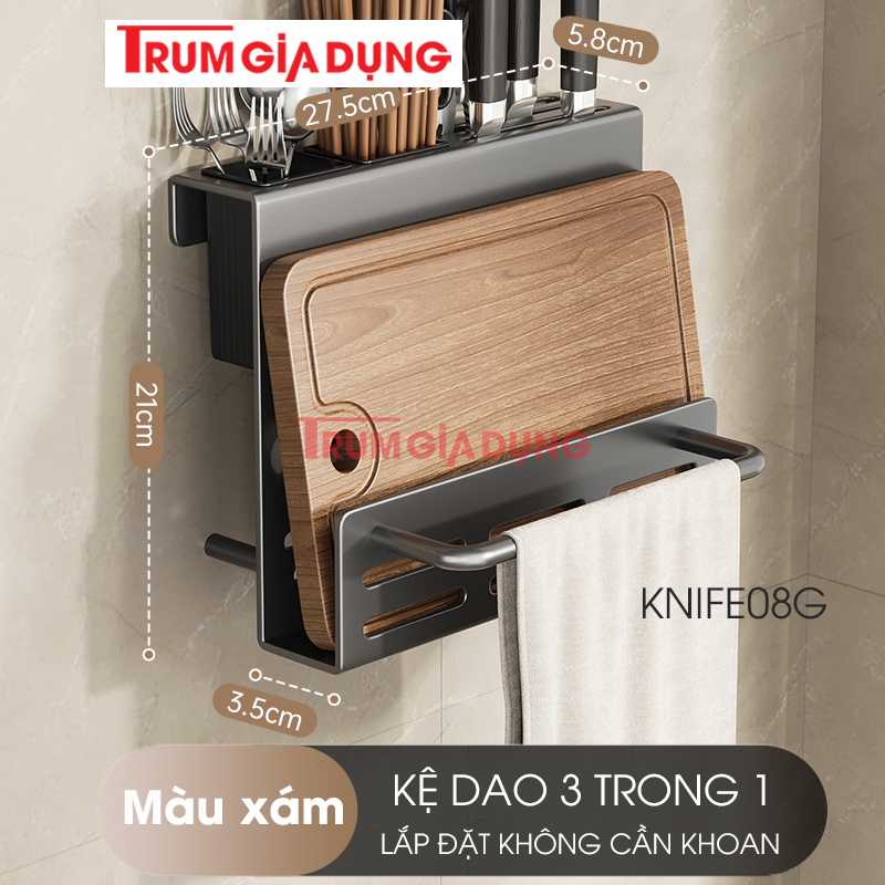 Kệ để dao thớt KIVA đa năng treo tường, đựng đũa, muỗng thìa, chất liệu thép Carbon