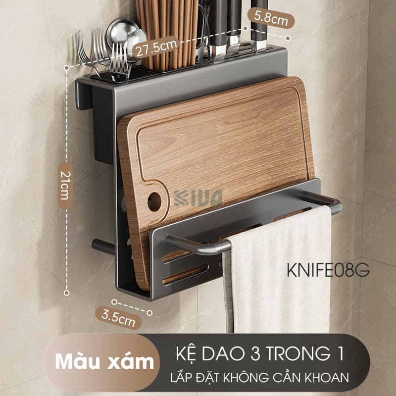 Kệ để dao thớt KIVA đa năng treo tường, đựng đũa, muỗng thìa, chất liệu thép Carbon
