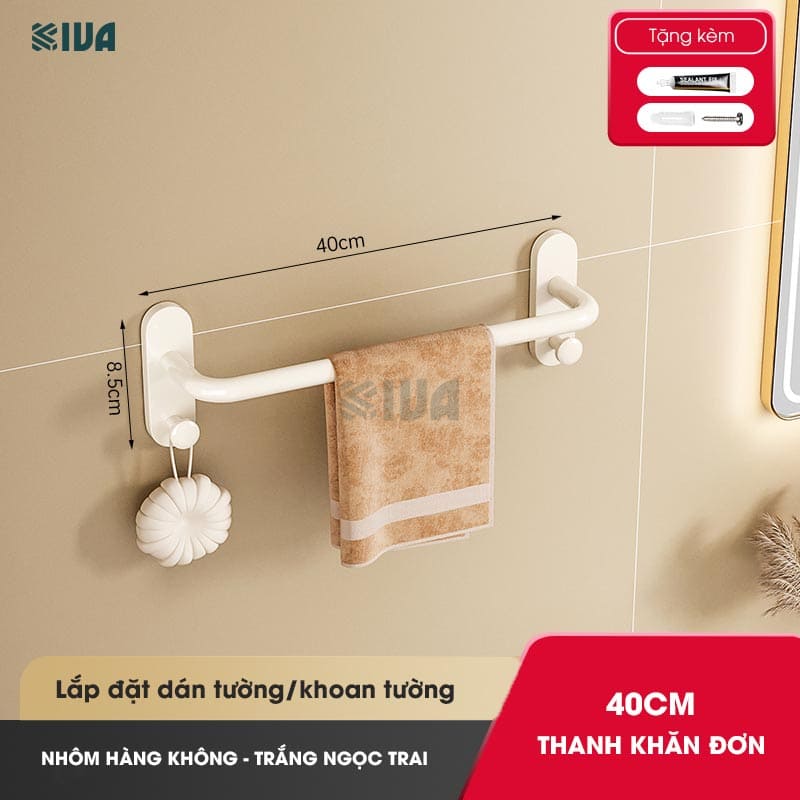Thanh treo khăn nhà tắm KIVA màu trắng ngà, chất liệu nhôm hàng không, lắp đặt dán tường, khoan tường.