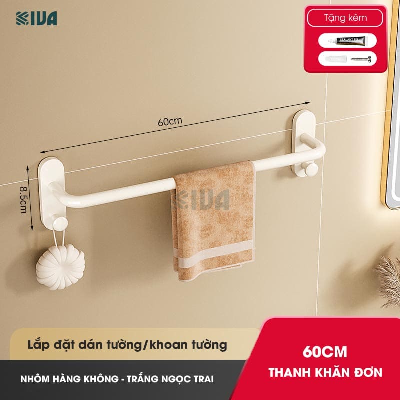 Thanh treo khăn nhà tắm KIVA màu trắng ngà, chất liệu nhôm hàng không, lắp đặt dán tường, khoan tường.