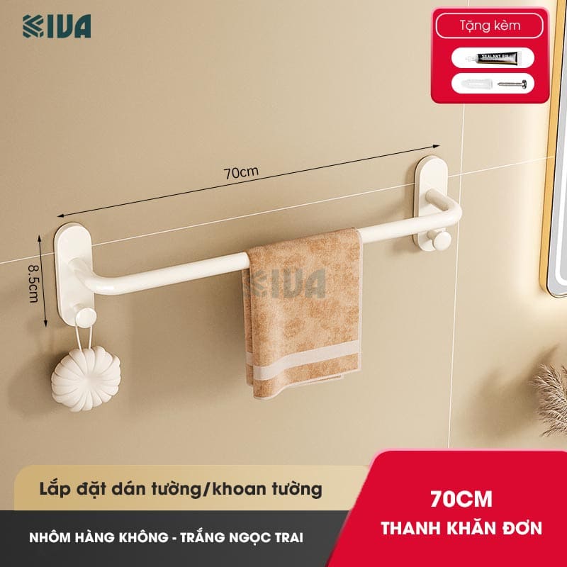 Thanh treo khăn nhà tắm KIVA màu trắng ngà, chất liệu nhôm hàng không, lắp đặt dán tường, khoan tường.