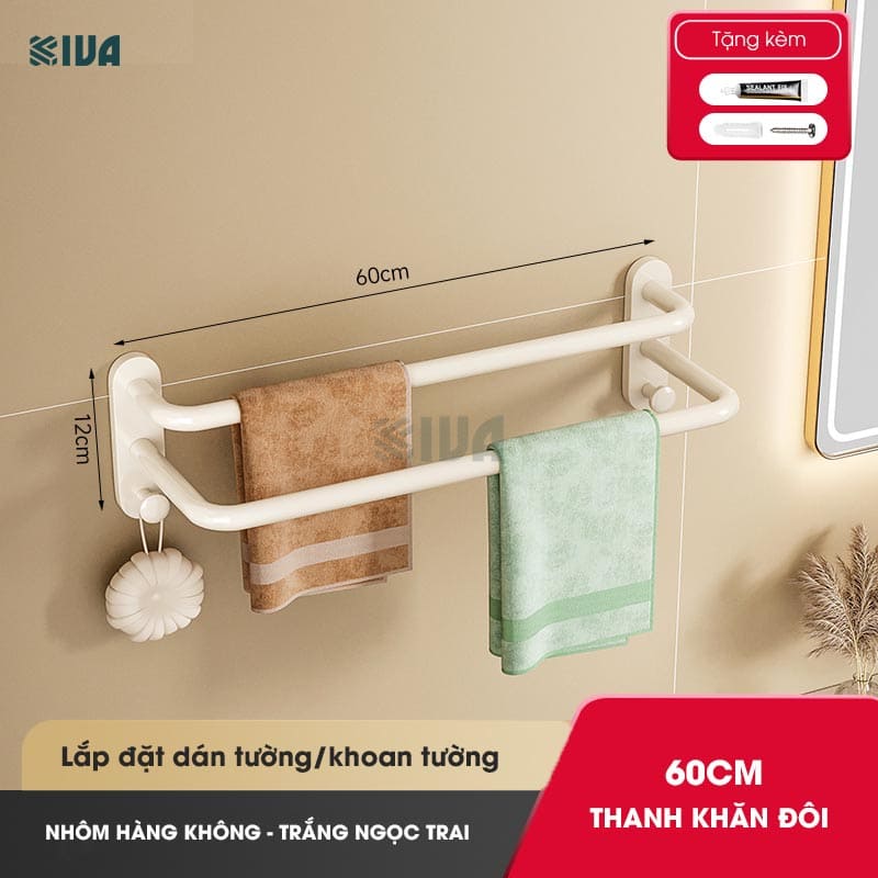 Thanh treo khăn nhà tắm KIVA màu trắng ngà, chất liệu nhôm hàng không, lắp đặt dán tường, khoan tường.